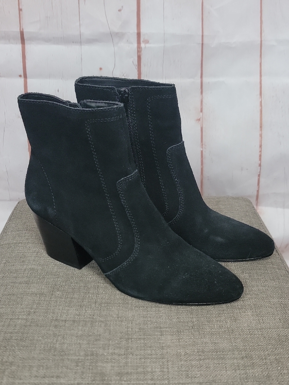 Chelsea & Violet Black Suede Ankle Booties with Block Heel